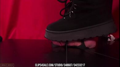 Femdom Boot Trample Double Cumshot Stomping Suede Platform Fishnet Shoejob