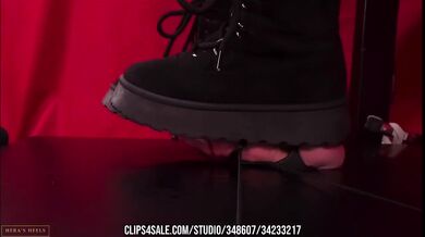 Femdom Boot Trample Double Cumshot Stomping Suede Platform Fishnet Shoejob