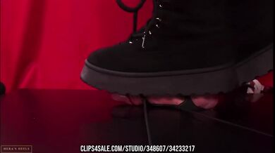 Femdom Boot Trample Double Cumshot Stomping Suede Platform Fishnet Shoejob