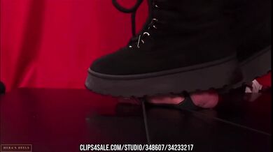 Femdom Boot Trample Double Cumshot Stomping Suede Platform Fishnet Shoejob