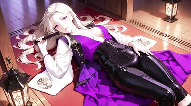 Blonde Queen in Silky Purple Court Uniform Lazy on Throne Gushing
