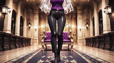 Blonde Queen in Silky Purple Court Uniform Lazy on Throne Gushing