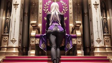 Blonde Queen in Silky Purple Court Uniform Lazy on Throne Gushing