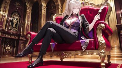 Blonde Queen in Silky Purple Court Uniform Lazy on Throne Gushing