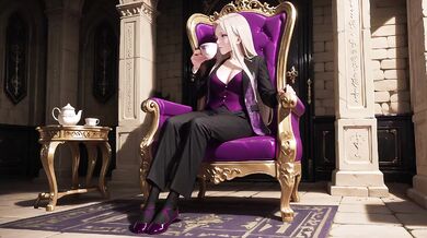 Blonde Queen in Silky Purple Court Uniform Lazy on Throne Gushing