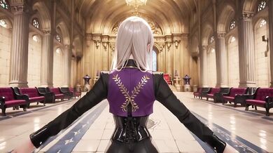 Blonde Queen in Silky Purple Court Uniform Lazy on Throne Gushing