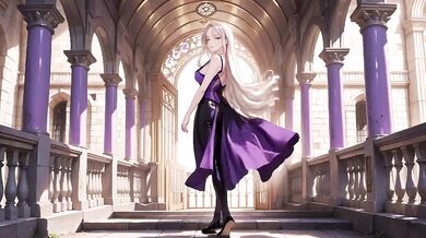 Blonde Queen in Silky Purple Court Uniform Lazy on Throne Gushing