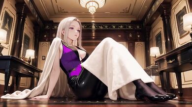 Blonde Queen in Silky Purple Court Uniform Lazy on Throne Gushing