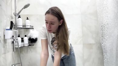 Desperate Blonde Pissing In Jeans Gushing Omorashi