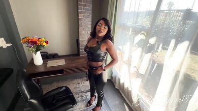 Cheeky Black Coworker in Latex Leggings Destroyed by White Guy with Cum Dripping Through Hole in Pants