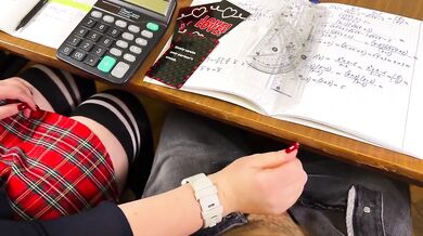 Schoolgirl Stroking Him Off in Math Class Under the Table with Cumshot