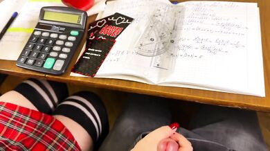 Schoolgirl Stroking Him Off in Math Class Under the Table with Cumshot