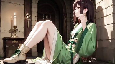 Green Kimono Ninja Kneeling Drenched Wet Skin Seductive Orgasm
