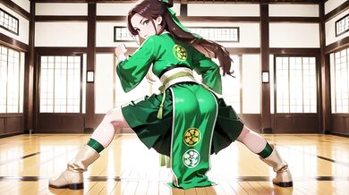 Green Kimono Ninja Kneeling Drenched Wet Skin Seductive Orgasm