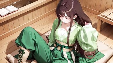 Green Kimono Ninja Kneeling Drenched Wet Skin Seductive Orgasm