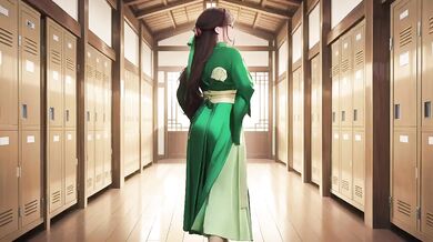 Green Kimono Ninja Kneeling Drenched Wet Skin Seductive Orgasm