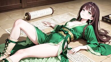 Green Kimono Ninja Kneeling Drenched Wet Skin Seductive Orgasm