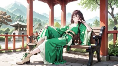 Green Kimono Ninja Kneeling Drenched Wet Skin Seductive Orgasm
