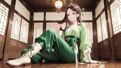 Green Kimono Ninja Kneeling Drenched Wet Skin Seductive Orgasm