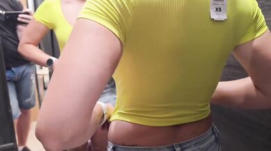 Public Fitting Room Flashing Pussy and Big Tits With Curtain Open