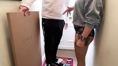 Naughty British wife gets a rough throat fucking from the delivery guy