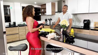 Ebony MILF maid Carla Morelli caught in red dress by Brandon Cruz and taken hard with BBC and doggy