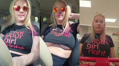 Busty blonde MILF big tits hotwife flashing in car