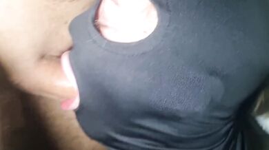 Masked amateur babe destroyed by deep cock sucking and gushing cumshot swallow