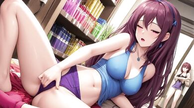 Sloppy Purple Hair Blowjob Behind Store Counter With Massive Boobs