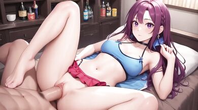 Sloppy Purple Hair Blowjob Behind Store Counter With Massive Boobs