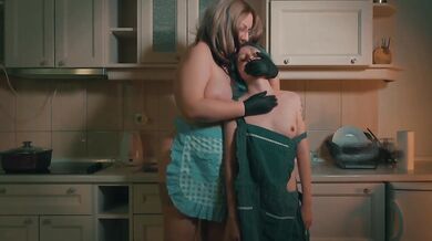 Black Gloved Hand Over Mouth Gagged Face Covered Lesbian Domination Stepmom Kitchen Dirty Talk