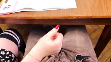 Schoolgirl 67 Six Seven Teasing Under The Table Cum On Wristwatch