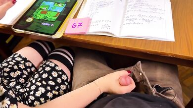Schoolgirl 67 Six Seven Teasing Under The Table Cum On Wristwatch