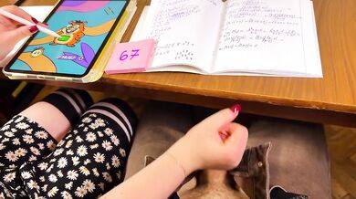 Schoolgirl 67 Six Seven Teasing Under The Table Cum On Wristwatch