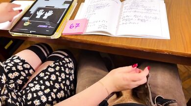 Schoolgirl 67 Six Seven Teasing Under The Table Cum On Wristwatch