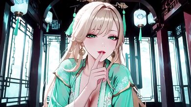 Blonde Goddess Lies in Emerald Hanfu Corridor Beaded Chain on Collarbone Skin Dappled Sunlight