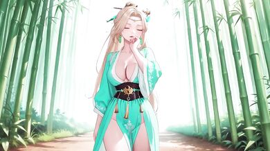 Blonde Goddess Lies in Emerald Hanfu Corridor Beaded Chain on Collarbone Skin Dappled Sunlight