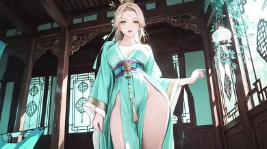 Blonde Goddess Lies in Emerald Hanfu Corridor Beaded Chain on Collarbone Skin Dappled Sunlight