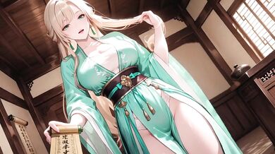 Blonde Goddess Lies in Emerald Hanfu Corridor Beaded Chain on Collarbone Skin Dappled Sunlight