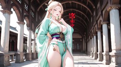 Blonde Goddess Lies in Emerald Hanfu Corridor Beaded Chain on Collarbone Skin Dappled Sunlight