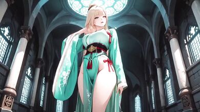 Blonde Goddess Lies in Emerald Hanfu Corridor Beaded Chain on Collarbone Skin Dappled Sunlight