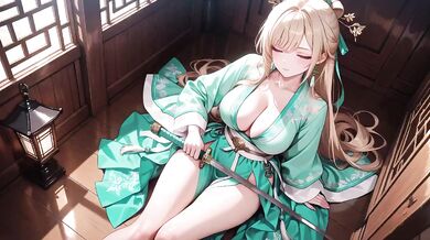 Blonde Goddess Lies in Emerald Hanfu Corridor Beaded Chain on Collarbone Skin Dappled Sunlight