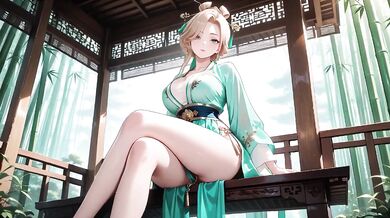 Blonde Goddess Lies in Emerald Hanfu Corridor Beaded Chain on Collarbone Skin Dappled Sunlight
