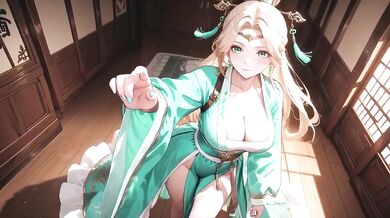 Blonde Goddess Lies in Emerald Hanfu Corridor Beaded Chain on Collarbone Skin Dappled Sunlight