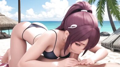 Pink Hair Bikini Sloppy Blowjob Wet Beach POV Destroyed Gushing Choked