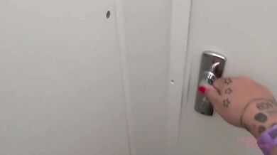 Horny milf got almost caught in public bathroom giving handjob until she gushed real orgasm