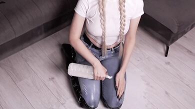 Blonde in skinny jeans gets destroyed by desperate wetting anal dildo sloppy deepthroat