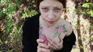Neighbor Tattoo Girl Sloppy Cumshot Deepthroat Blowjob in the Woods Under Open Sky