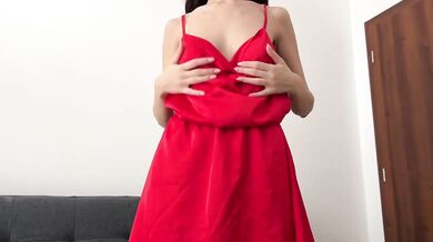Red Dress Try On Tease Close Up Destroyed Gushing Choked Amateur Brunette