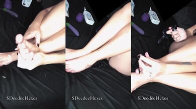 Submissive goth girl painting black nails with lotion feet fetish routine